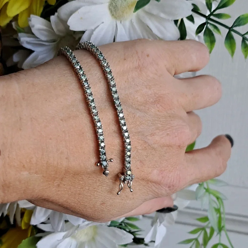 Genuine Blue Moissanite Tennis Bracelet In 925 Sterling Silver.
